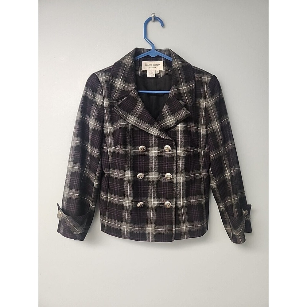 Helene Berman Womens Wool Blend Crop Coat Gray Tartan Plaid Double Breasted Sz S